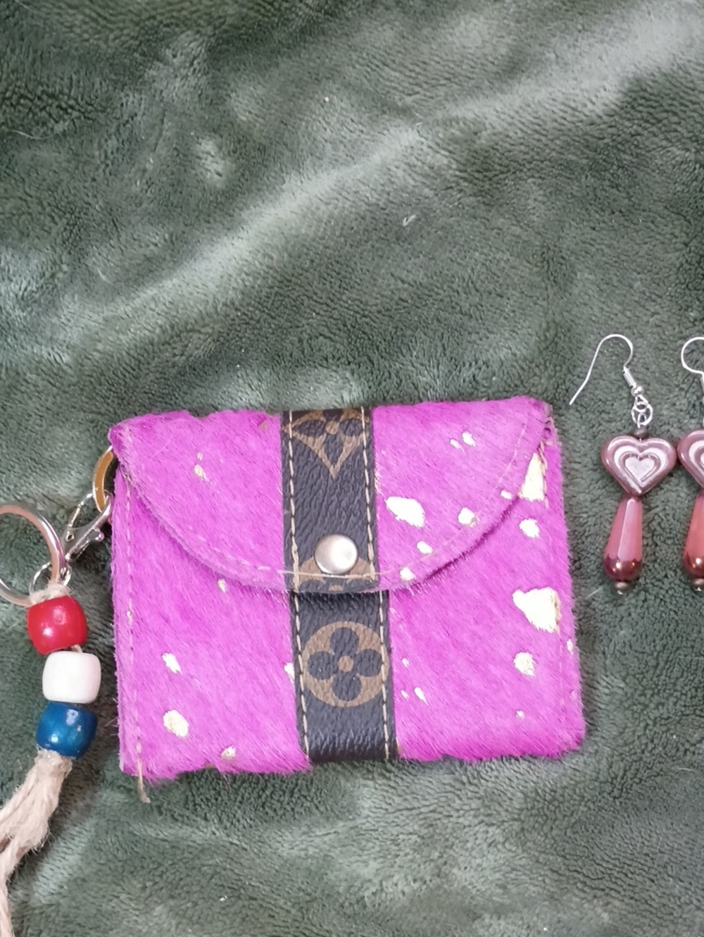 Upcycled And Genuine Leather Card Or Change Holder (Pink And Gold)